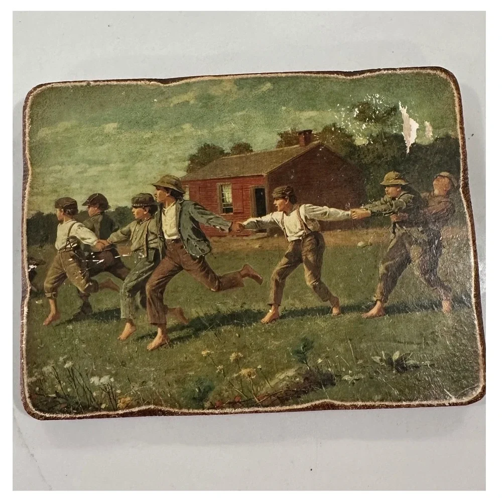Vintage Winslow Homer Snap the Whip Wood Plaque Rustic Schoolhouse Wall Art‎ 8x6